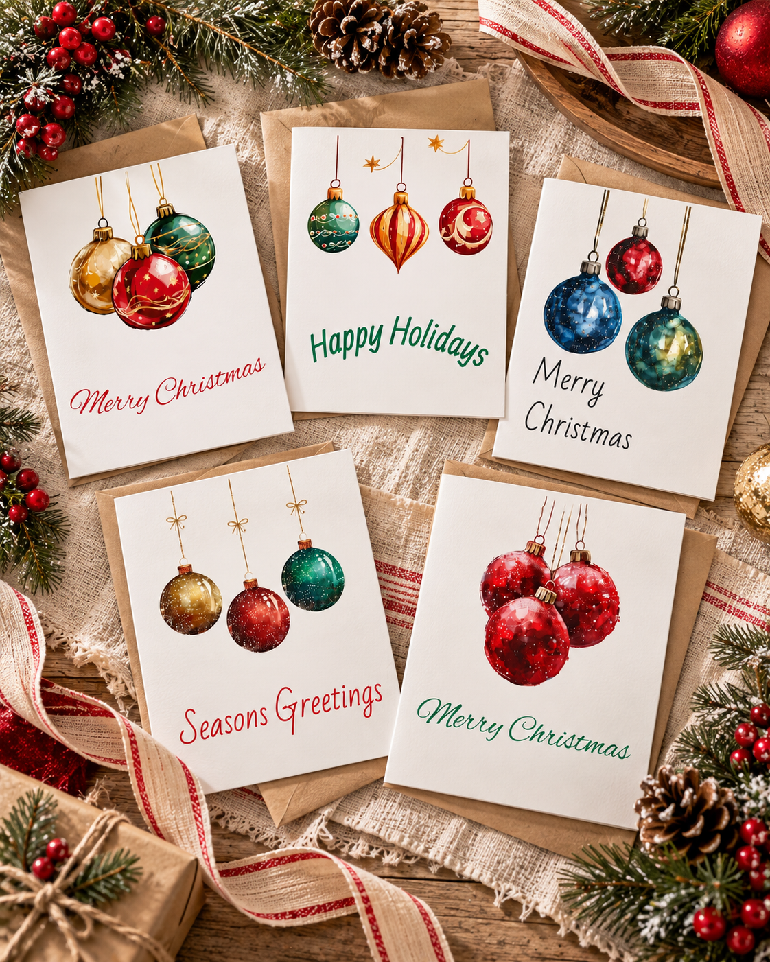 Charming Holiday Greeting Cards Set, Festive Cards for Christmas, Blank Note Cards, Seasonal Greetings, Colorful Ornaments