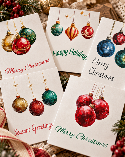 Charming Holiday Greeting Cards Set, Festive Cards for Christmas, Blank Note Cards, Seasonal Greetings, Colorful Ornaments