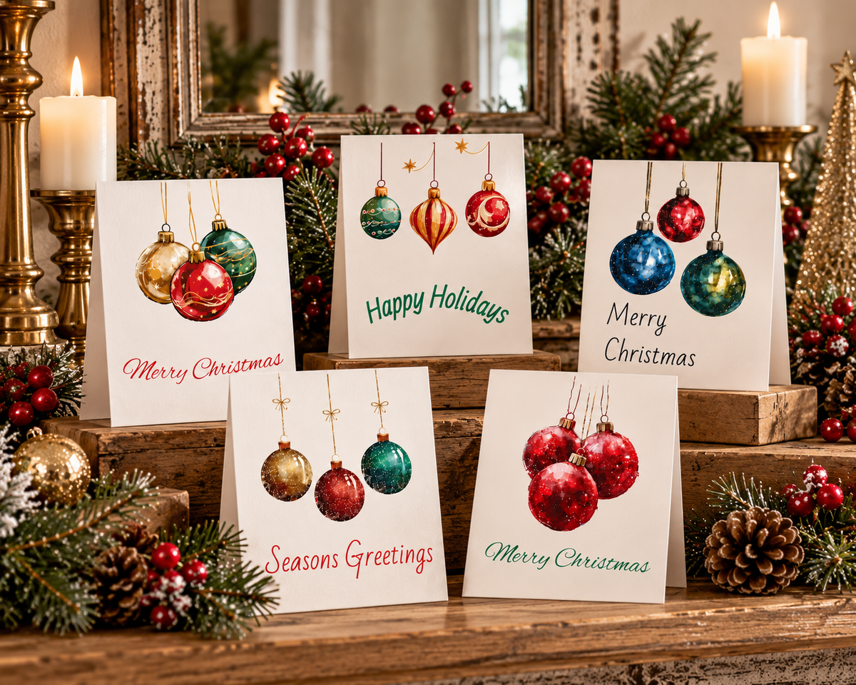Charming Holiday Greeting Cards Set, Festive Cards for Christmas, Blank Note Cards, Seasonal Greetings, Colorful Ornaments