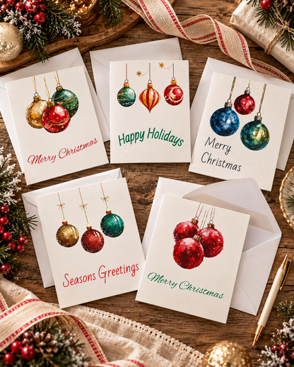 Charming Holiday Greeting Cards Set, Festive Cards for Christmas, Blank Note Cards, Seasonal Greetings, Colorful Ornaments
