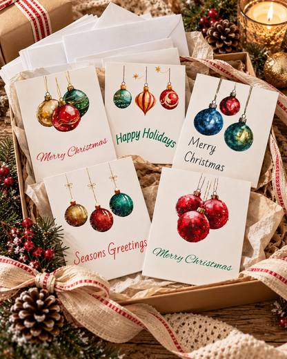 Charming Holiday Greeting Cards Set, Festive Cards for Christmas, Blank Note Cards, Seasonal Greetings, Colorful Ornaments