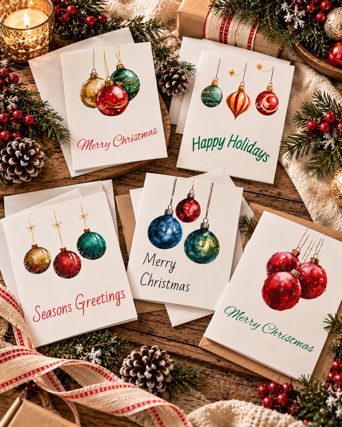 Charming Holiday Greeting Cards Set, Festive Cards for Christmas, Blank Note Cards, Seasonal Greetings, Colorful Ornaments