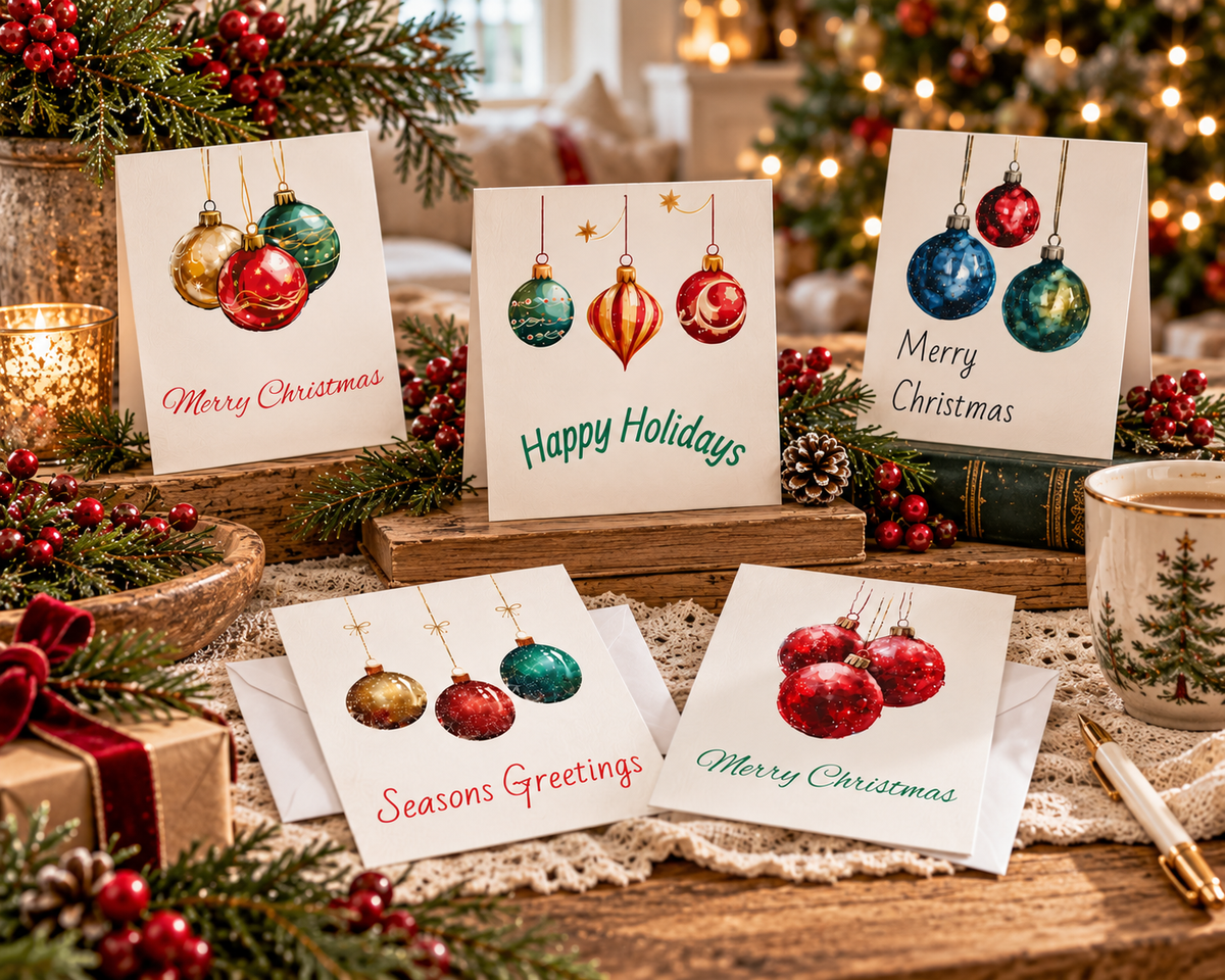 Charming Holiday Greeting Cards Set, Festive Cards for Christmas, Blank Note Cards, Seasonal Greetings, Colorful Ornaments