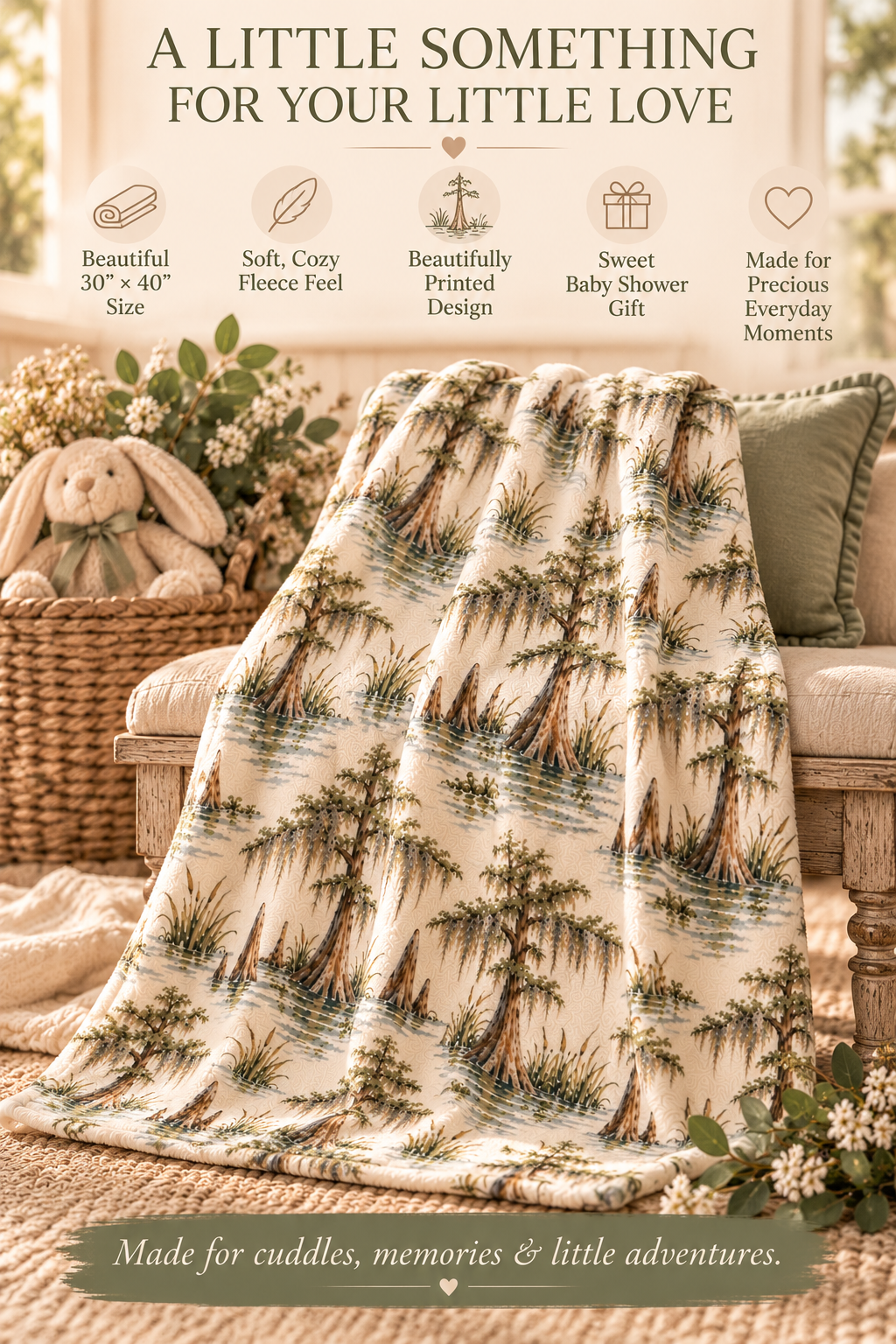 Louisiana Bayou Cypress &amp; Moss Baby Blanket – 30" × 40"