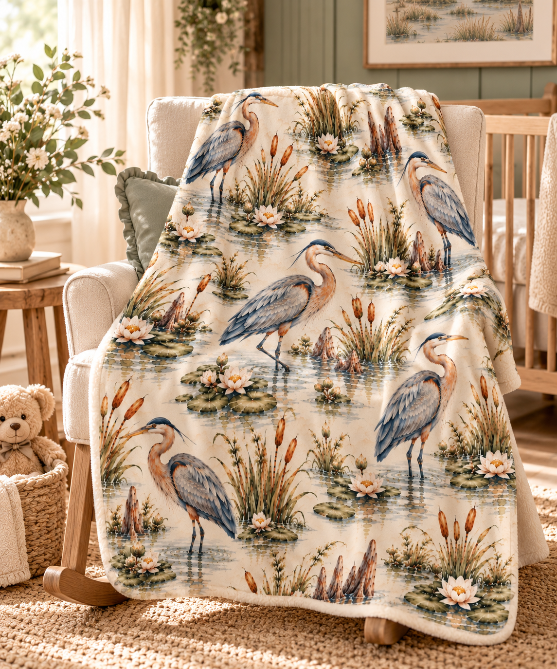 Heron Wetland Baby Blanket | 30" × 40" Southern Nature Fleece Blanket
