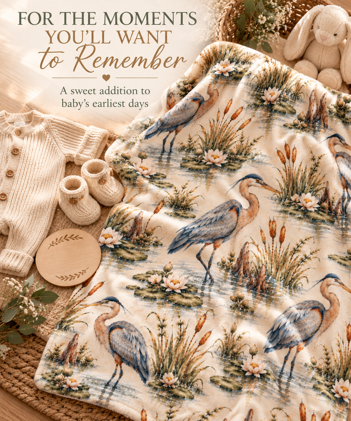 Heron Wetland Baby Blanket | 30" × 40" Southern Nature Fleece Blanket