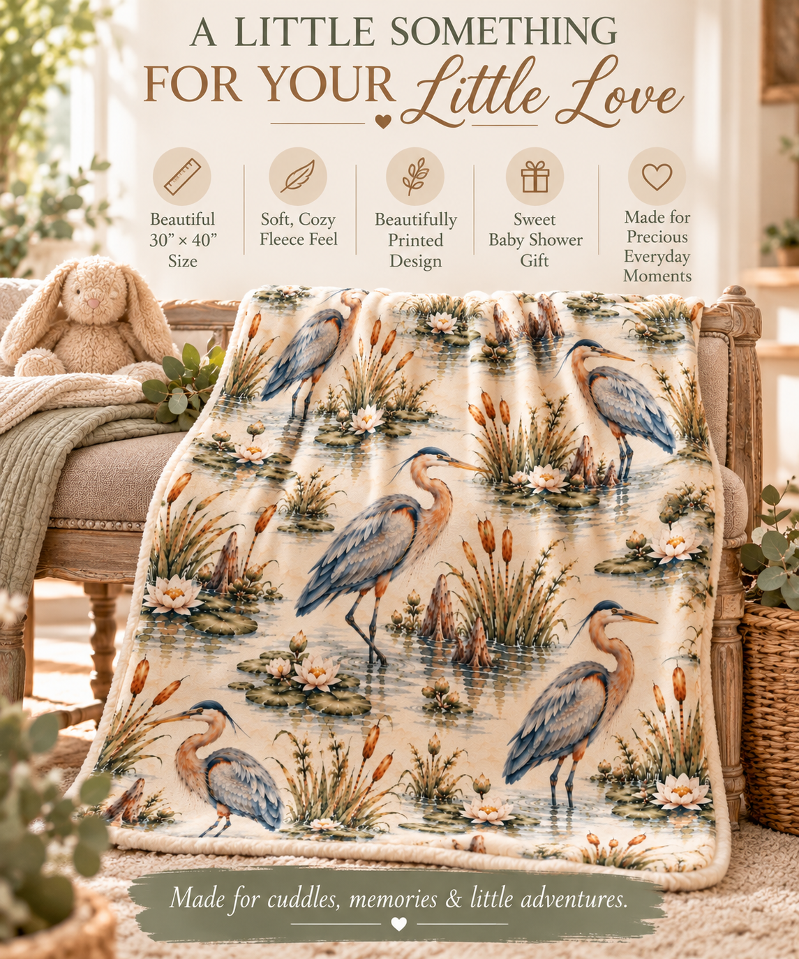Heron Wetland Baby Blanket | 30" × 40" Southern Nature Fleece Blanket