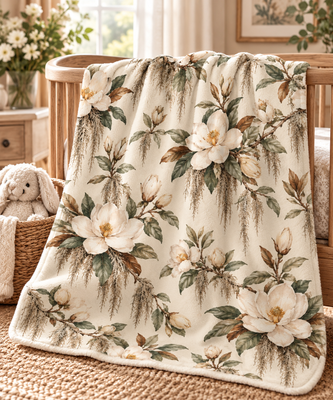 Vintage Magnolia Baby Blanket | 30" × 40" Southern Floral Fleece Blanket