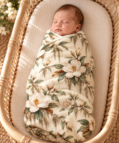 Vintage Magnolia Baby Blanket | 30" × 40" Southern Floral Fleece Blanket