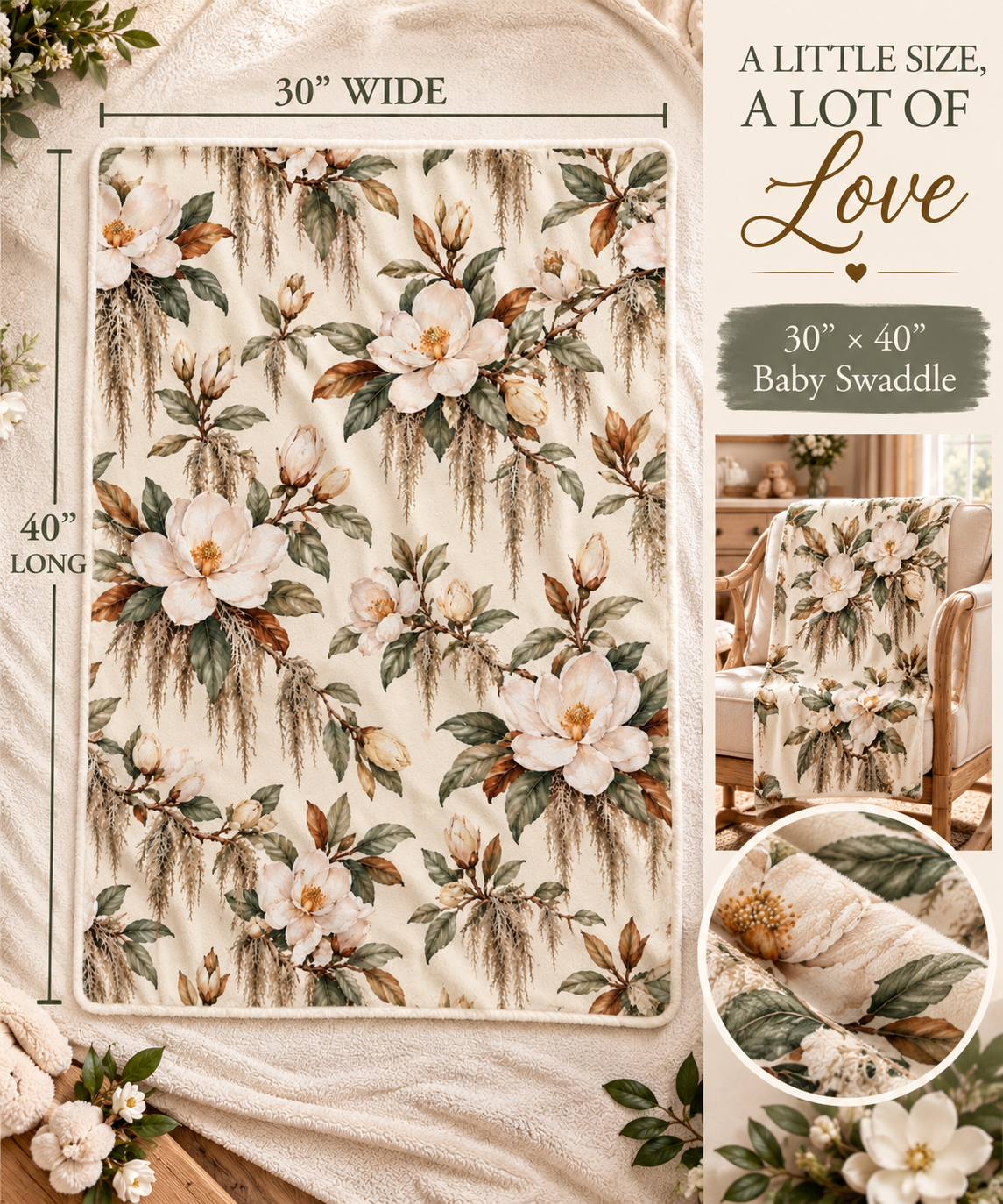 Vintage Magnolia Baby Blanket | 30" × 40" Southern Floral Fleece Blanket