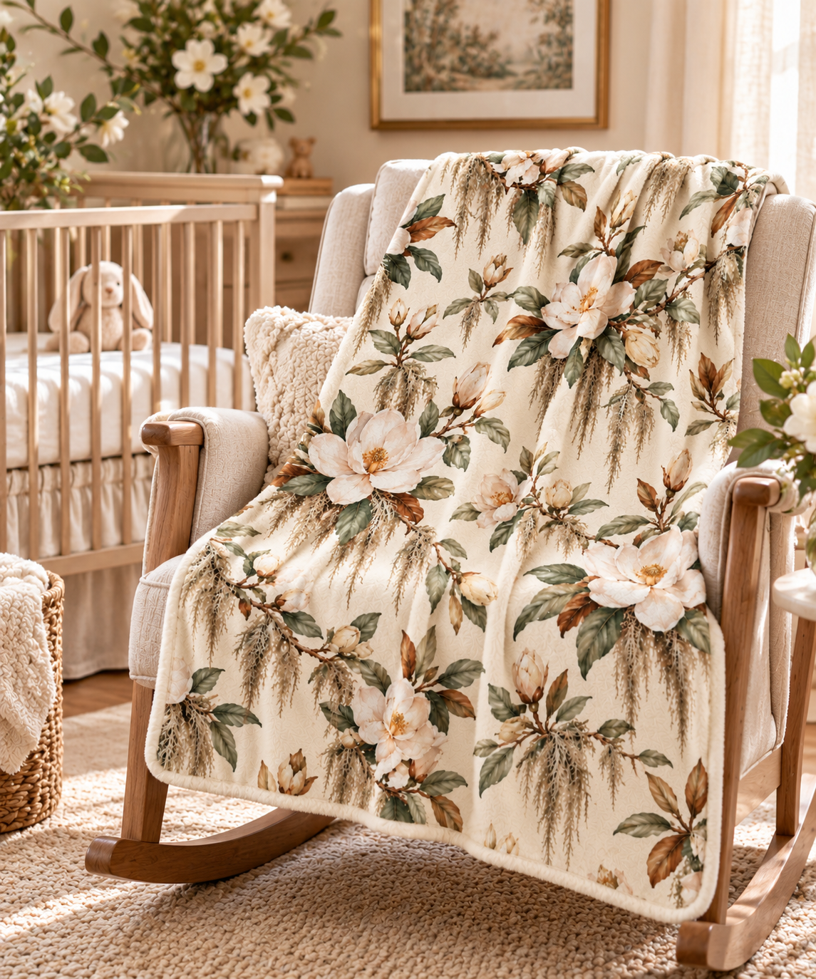 Vintage Magnolia Baby Blanket | 30" × 40" Southern Floral Fleece Blanket