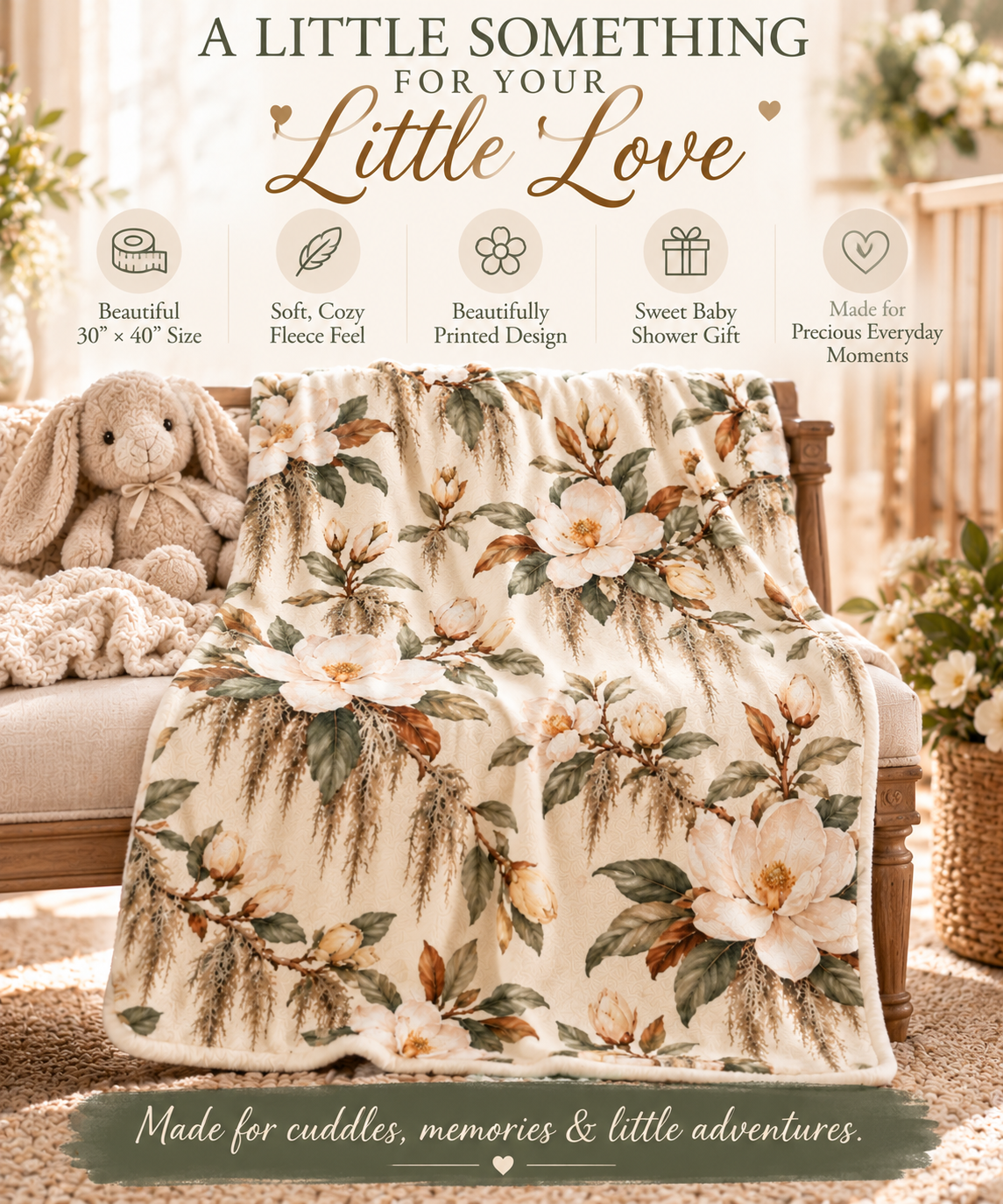 Vintage Magnolia Baby Blanket | 30" × 40" Southern Floral Fleece Blanket