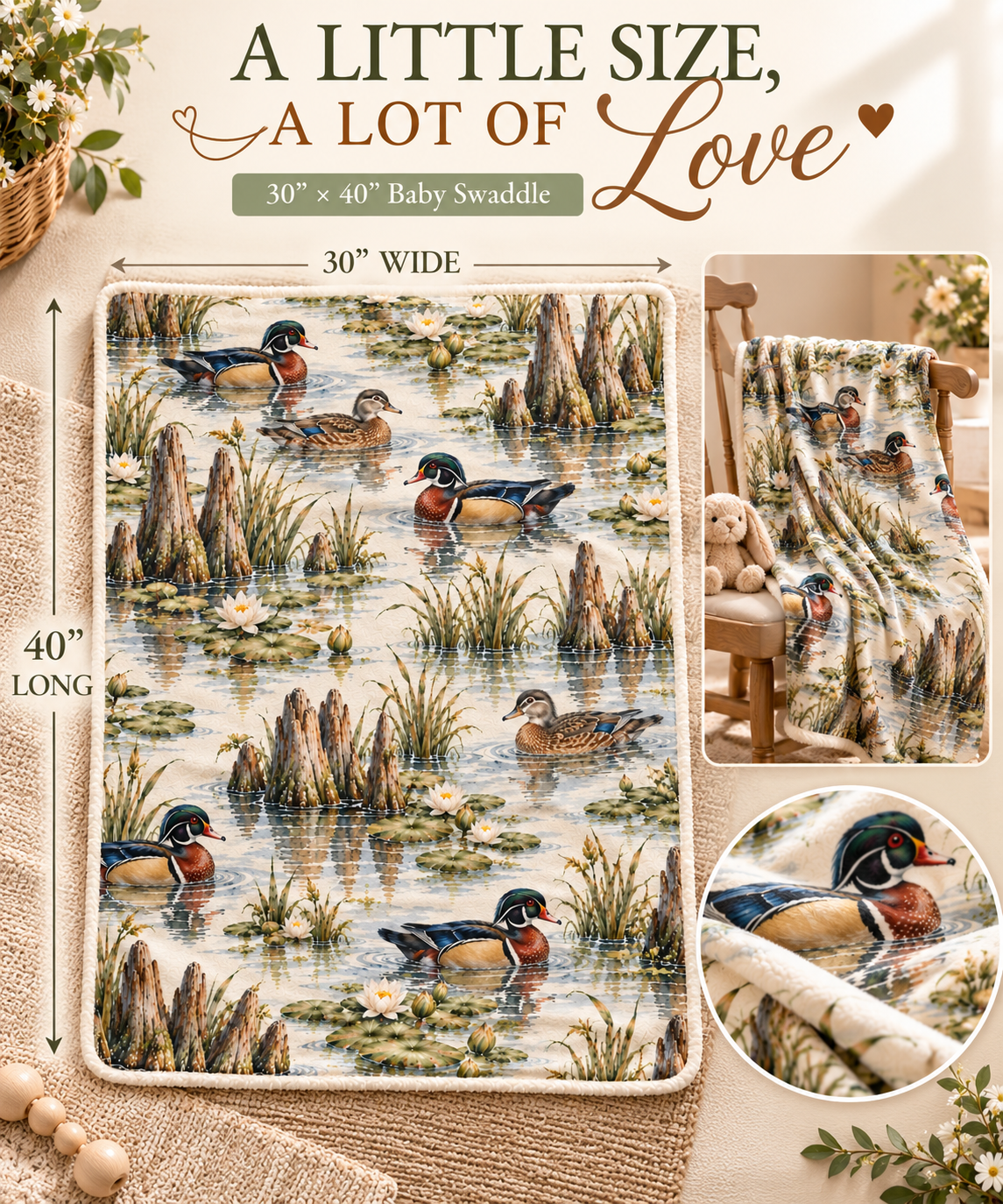 Wood Duck Pond Baby Blanket – Southern Wetlands 30" × 40"