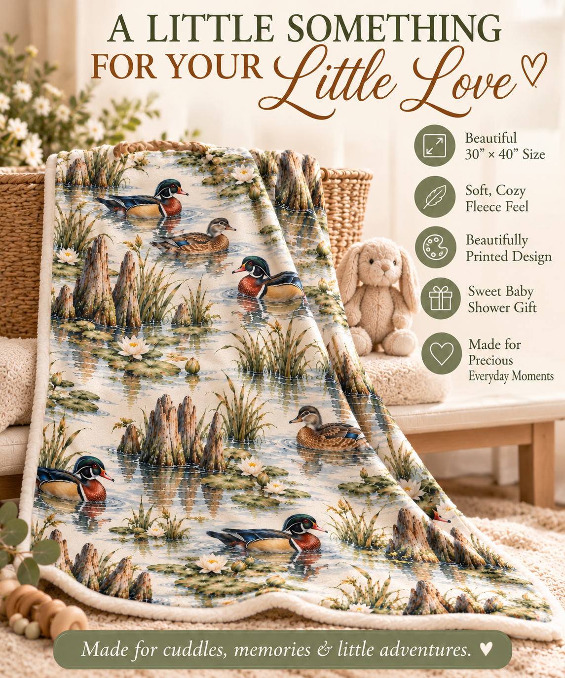 Wood Duck Pond Baby Blanket – Southern Wetlands 30" × 40"