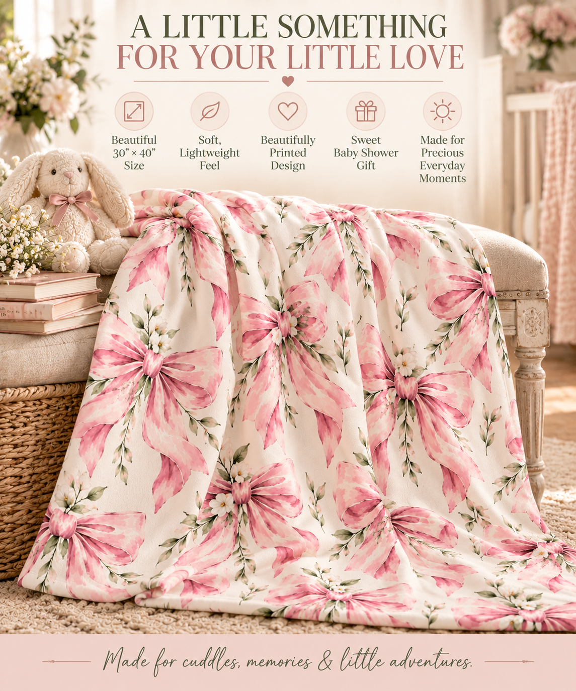 Pink Floral Bow Baby Swaddle Blanket