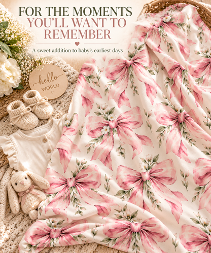 Pink Floral Bow Baby Swaddle Blanket