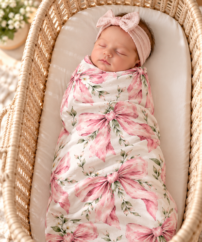 Pink Floral Bow Baby Swaddle Blanket