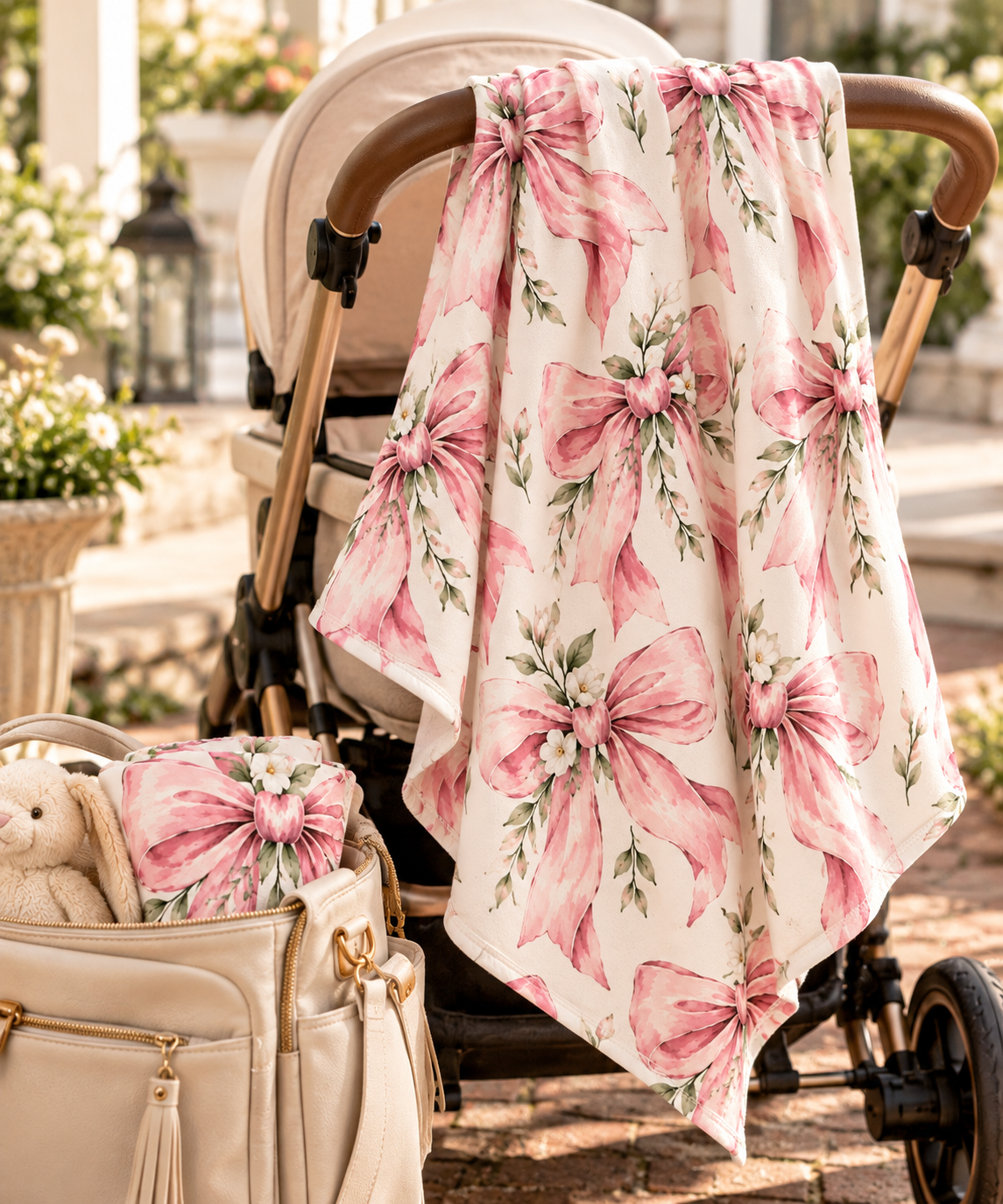 Pink Floral Bow Baby Swaddle Blanket