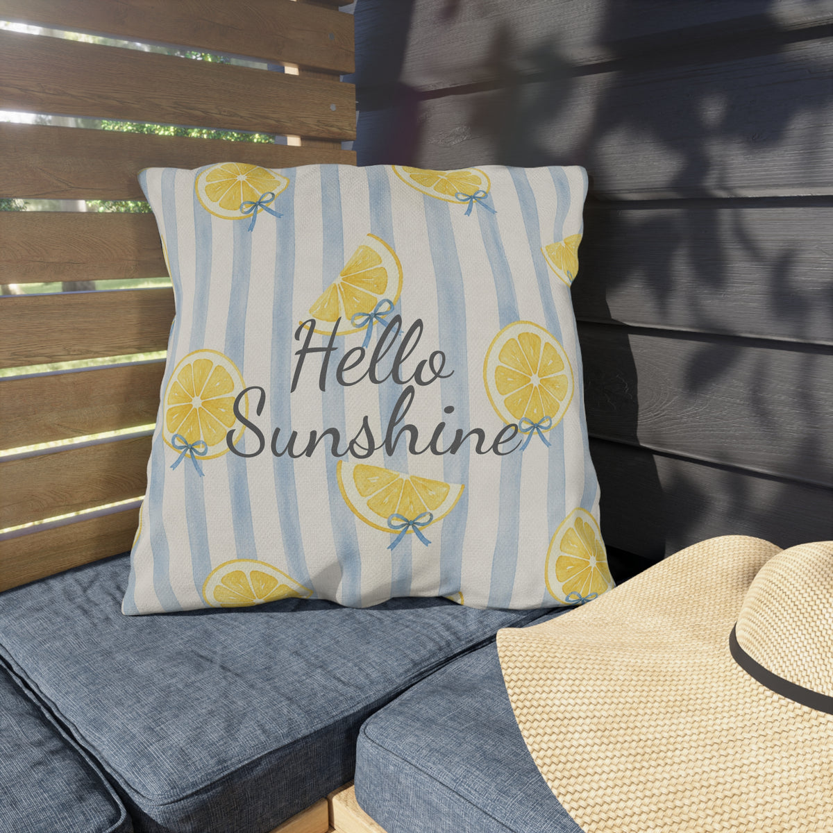 Hello Sunshine lemon pattern Outdoor Pillow | striped citrus throw cushion