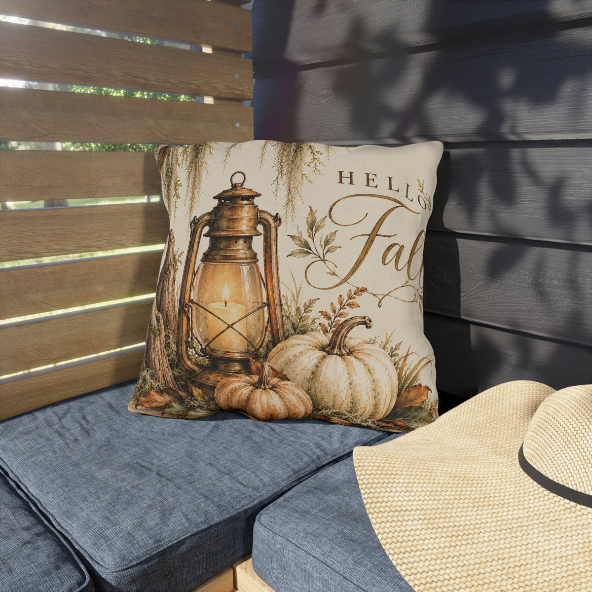 Hello Fall Outdoor Pillow – Rustic Autumn Lantern, Pumpkins &amp; Harvest Decor