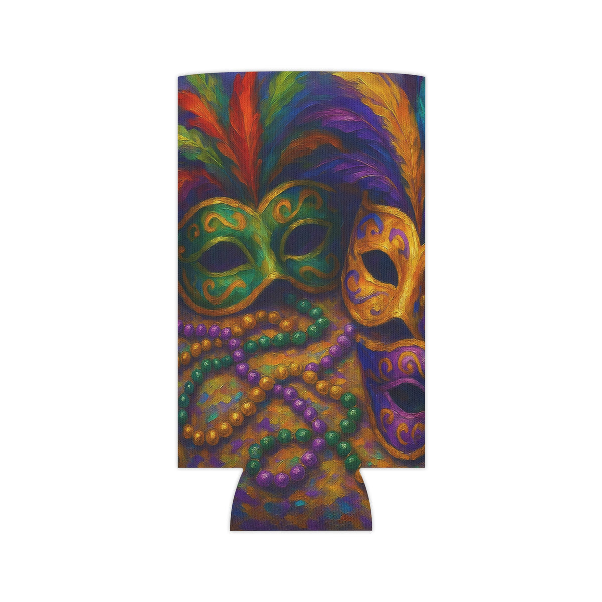 Mardi Gras Can Cooler, Colorful Mask Beverage Holder, Party Accessory, Festival Drink Sleeve, Fun Gift for Celebrations