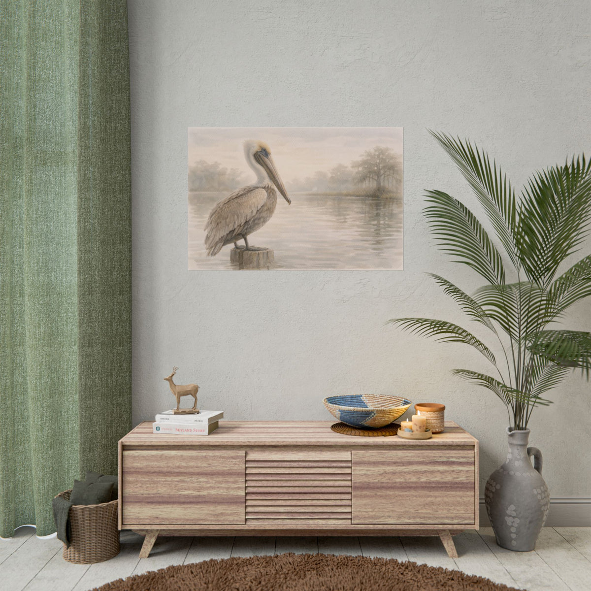 Pelican on Dock Watercolor Art Coastal Watercolor