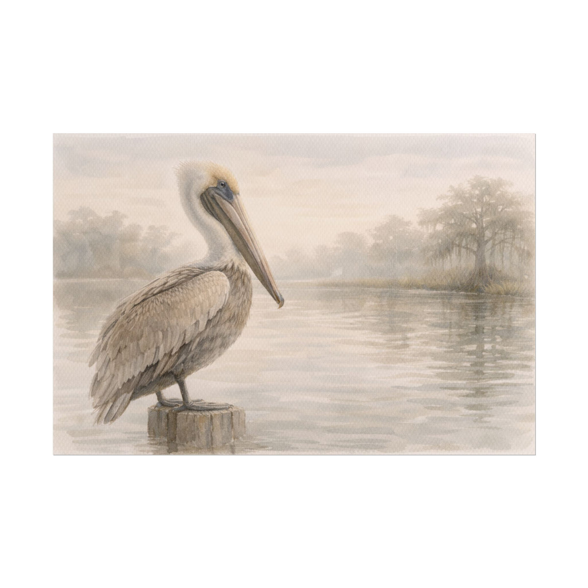 Pelican on Dock Watercolor Art Coastal Watercolor
