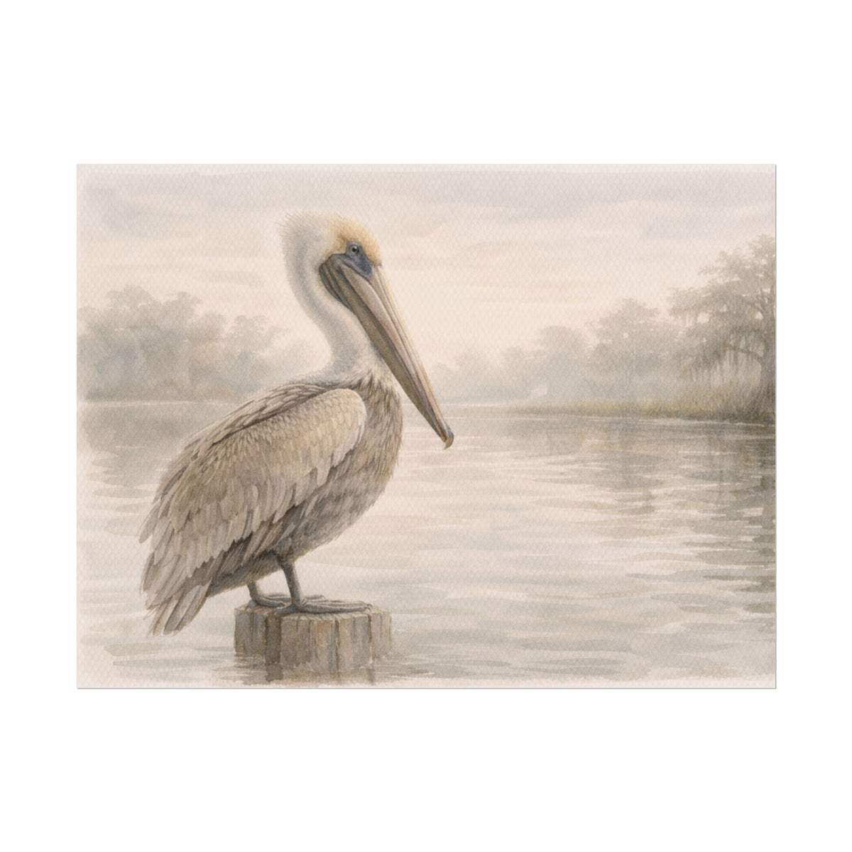 Pelican on Dock Watercolor Art Coastal Watercolor