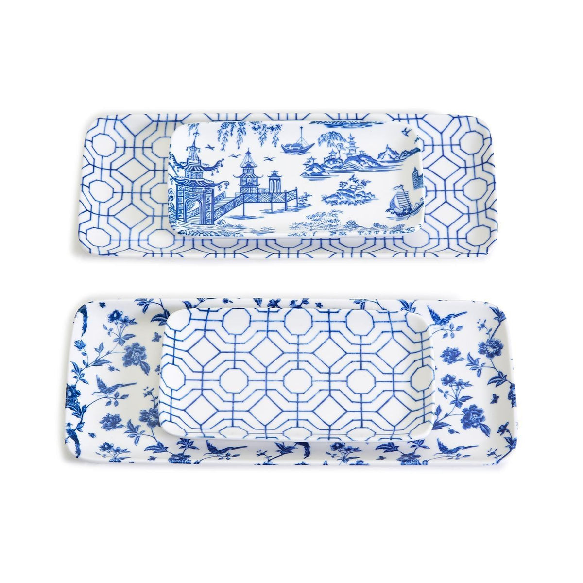 Blue &amp; White Chinoiserie Serving Tray Set | 4 Pieces