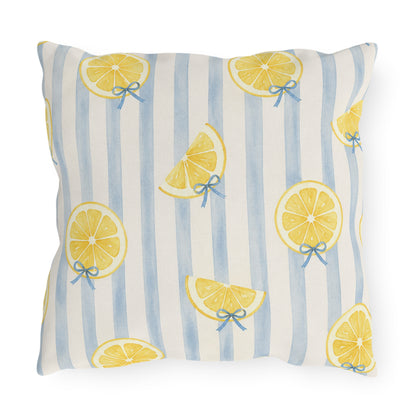 Hello Sunshine lemon pattern Outdoor Pillow | striped citrus throw cushion