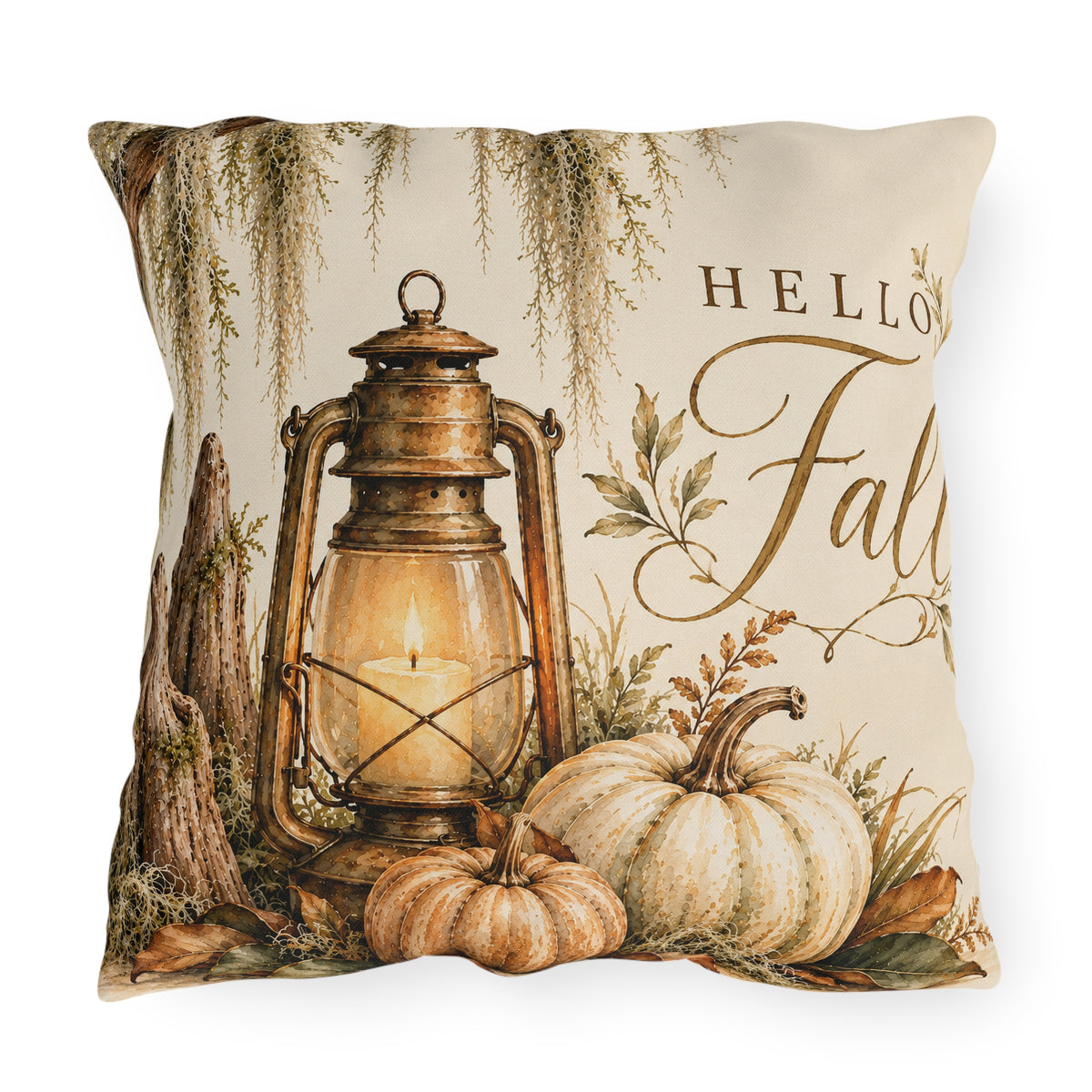 Hello Fall Outdoor Pillow – Rustic Autumn Lantern, Pumpkins &amp; Harvest Decor