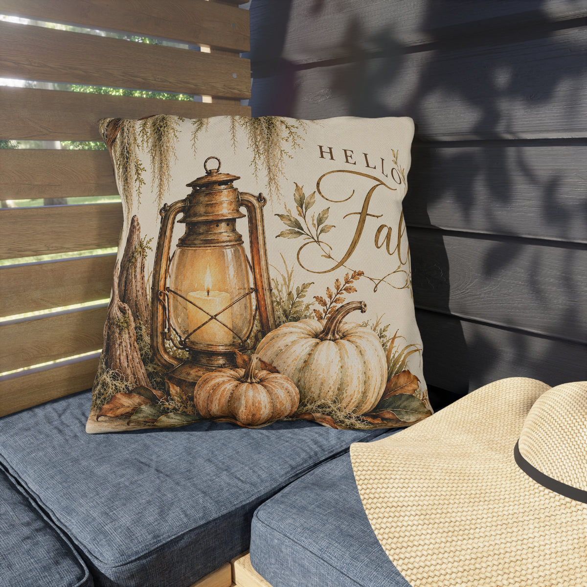 Hello Fall Outdoor Pillow – Rustic Autumn Lantern, Pumpkins &amp; Harvest Decor