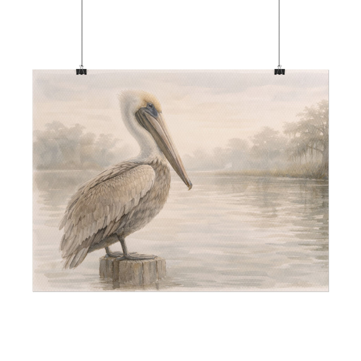 Pelican on Dock Watercolor Art Coastal Watercolor