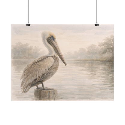 Pelican on Dock Watercolor Art Coastal Watercolor