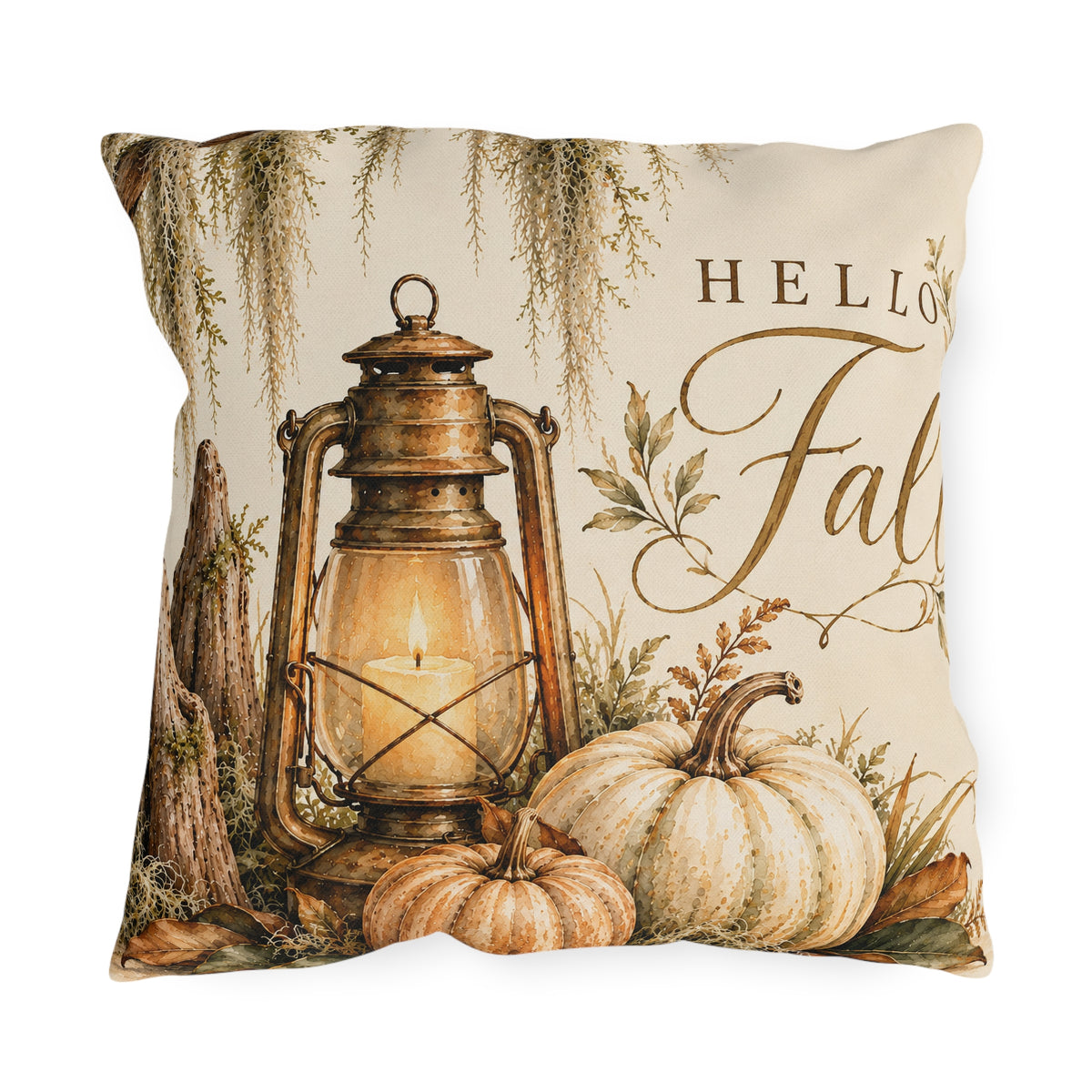 Hello Fall Outdoor Pillow – Rustic Autumn Lantern, Pumpkins &amp; Harvest Decor