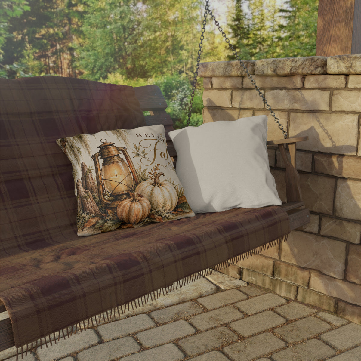 Hello Fall Outdoor Pillow – Rustic Autumn Lantern, Pumpkins &amp; Harvest Decor