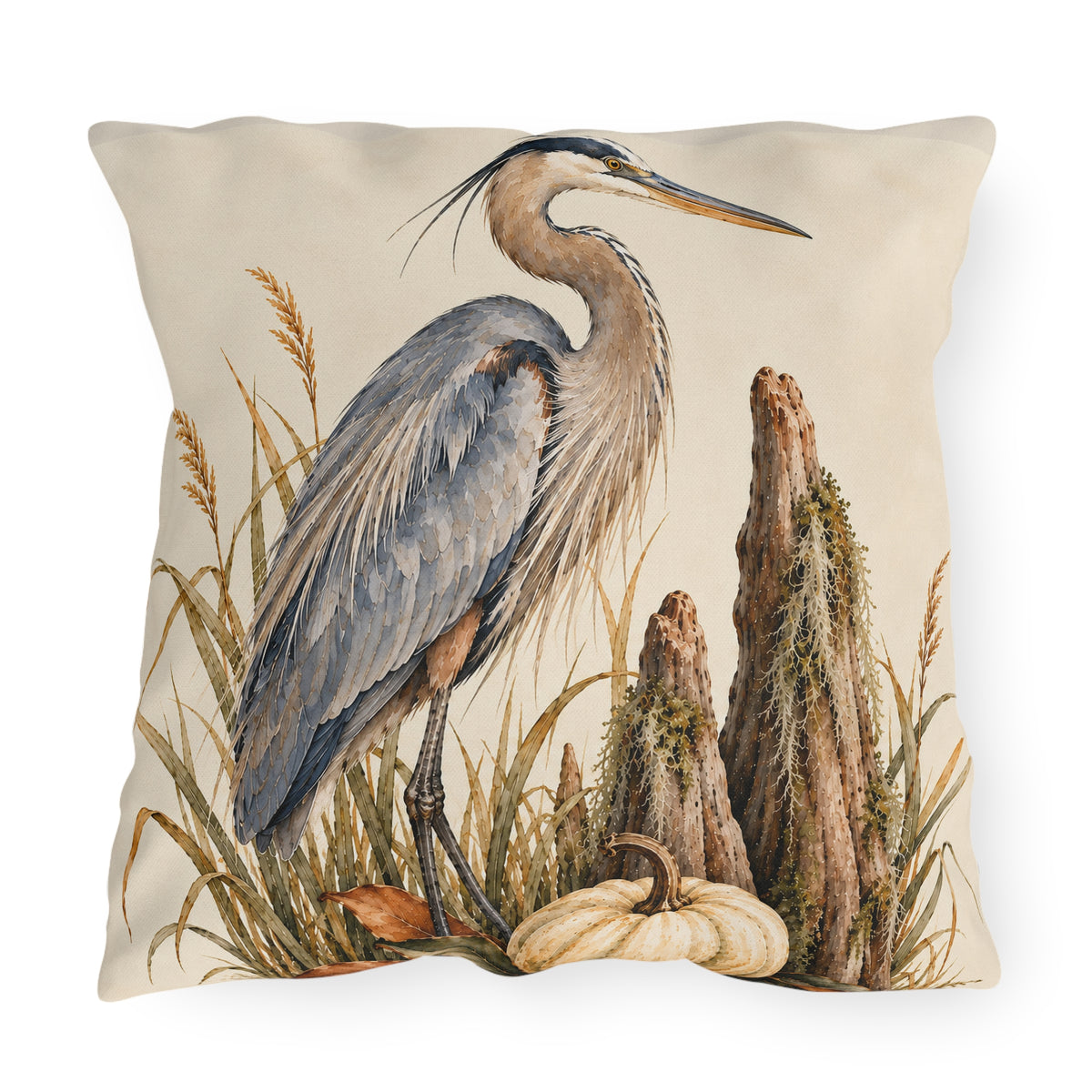 Heron &amp; Pumpkin Outdoor Pillow — Coastal Fall Accent Cushion