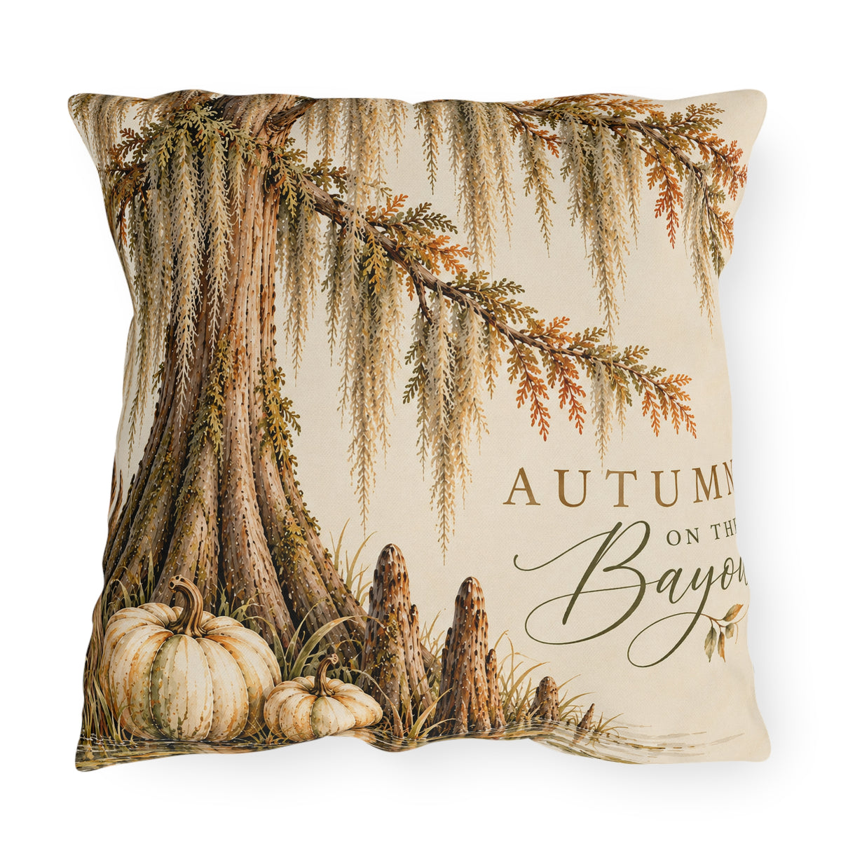 Autumn on the Bayou Outdoor Pillow — Fall Pumpkin &amp; Cypress Coastal Porch Decor