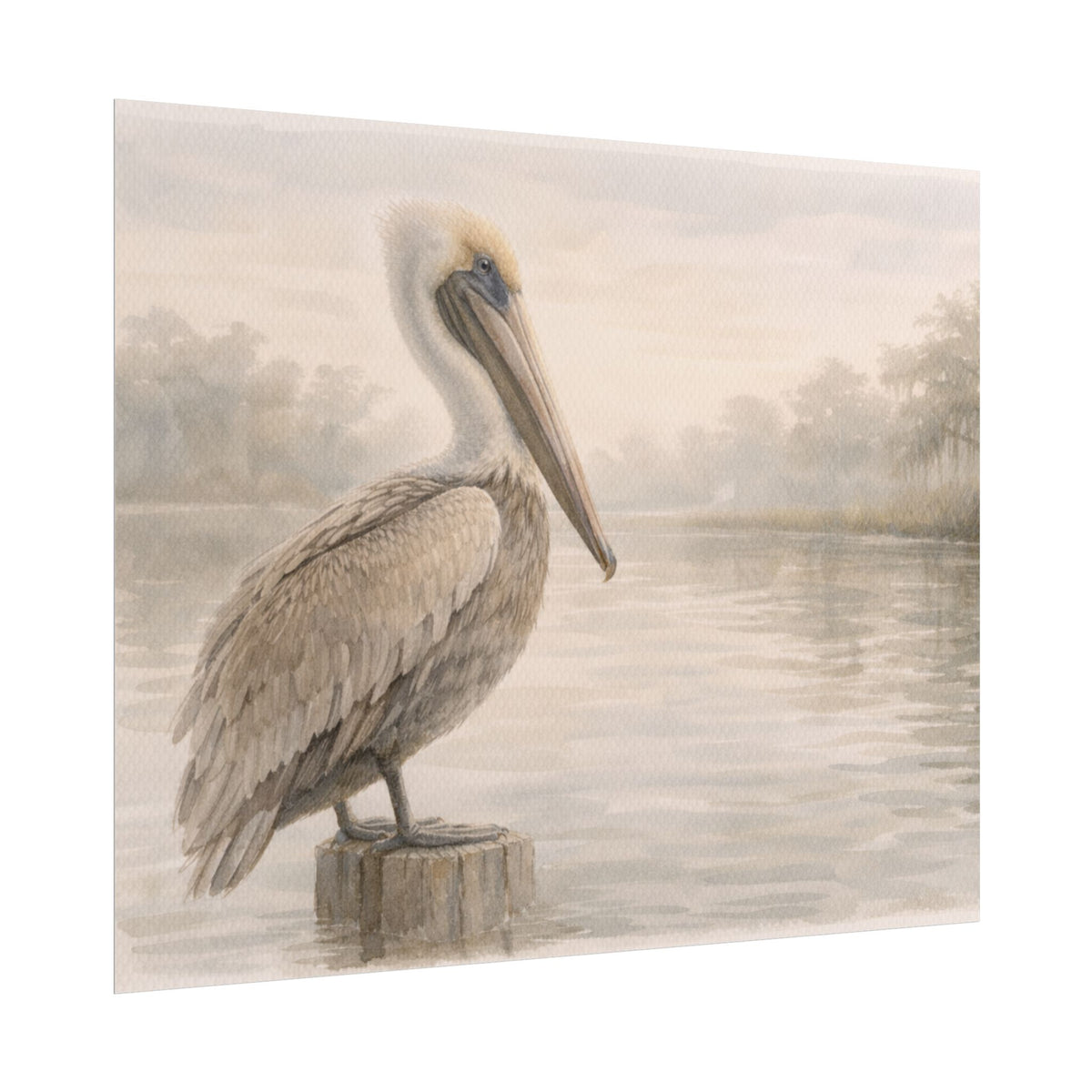 Pelican on Dock Watercolor Art Coastal Watercolor