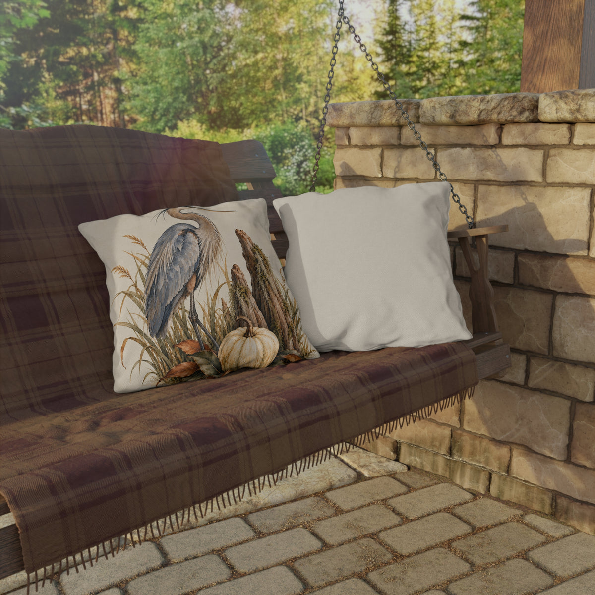 Heron &amp; Pumpkin Outdoor Pillow — Coastal Fall Accent Cushion