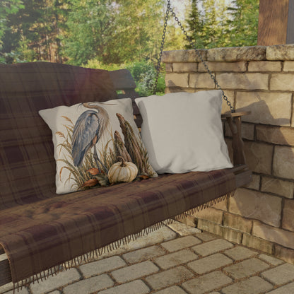 Heron &amp; Pumpkin Outdoor Pillow — Coastal Fall Accent Cushion