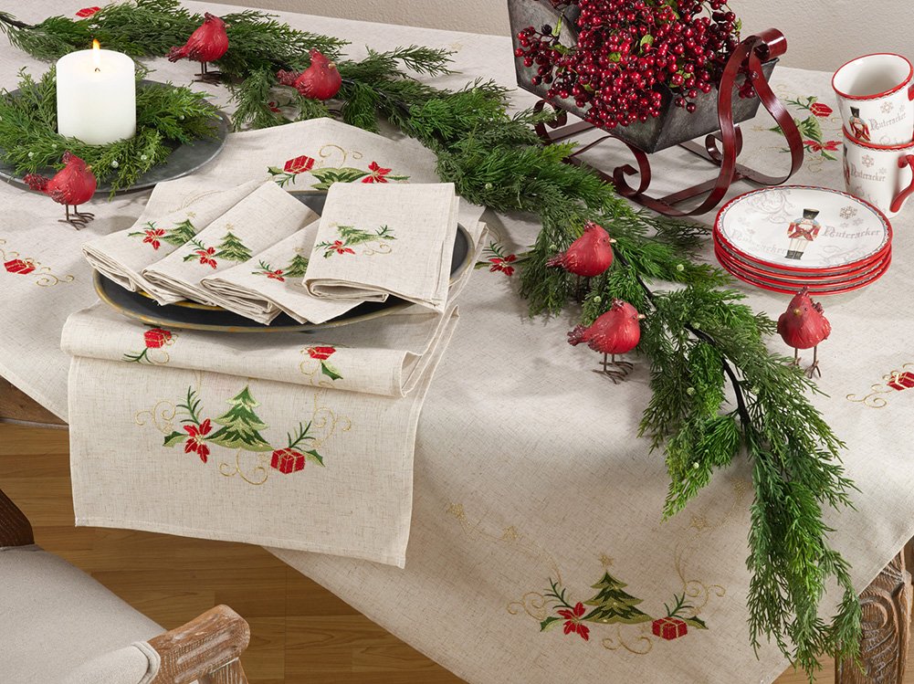 Embroidered Christmas Tree Table Runner | Holiday Table Decor