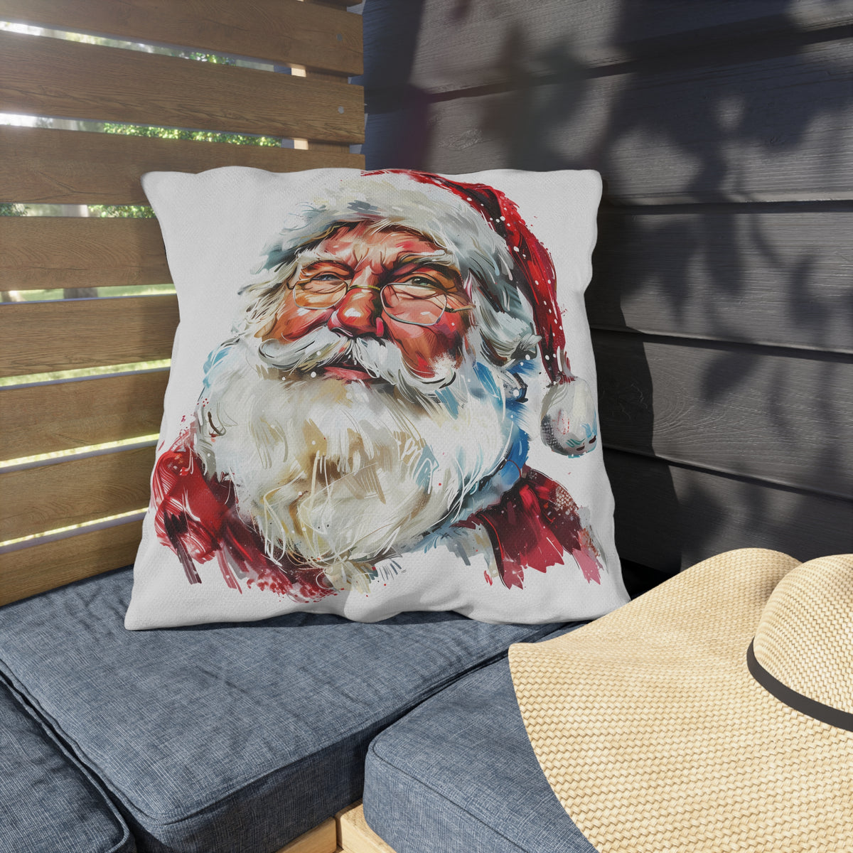 Santa Claus Holiday Outdoor Pillow — Festive Watercolor Santa Throw Cushion