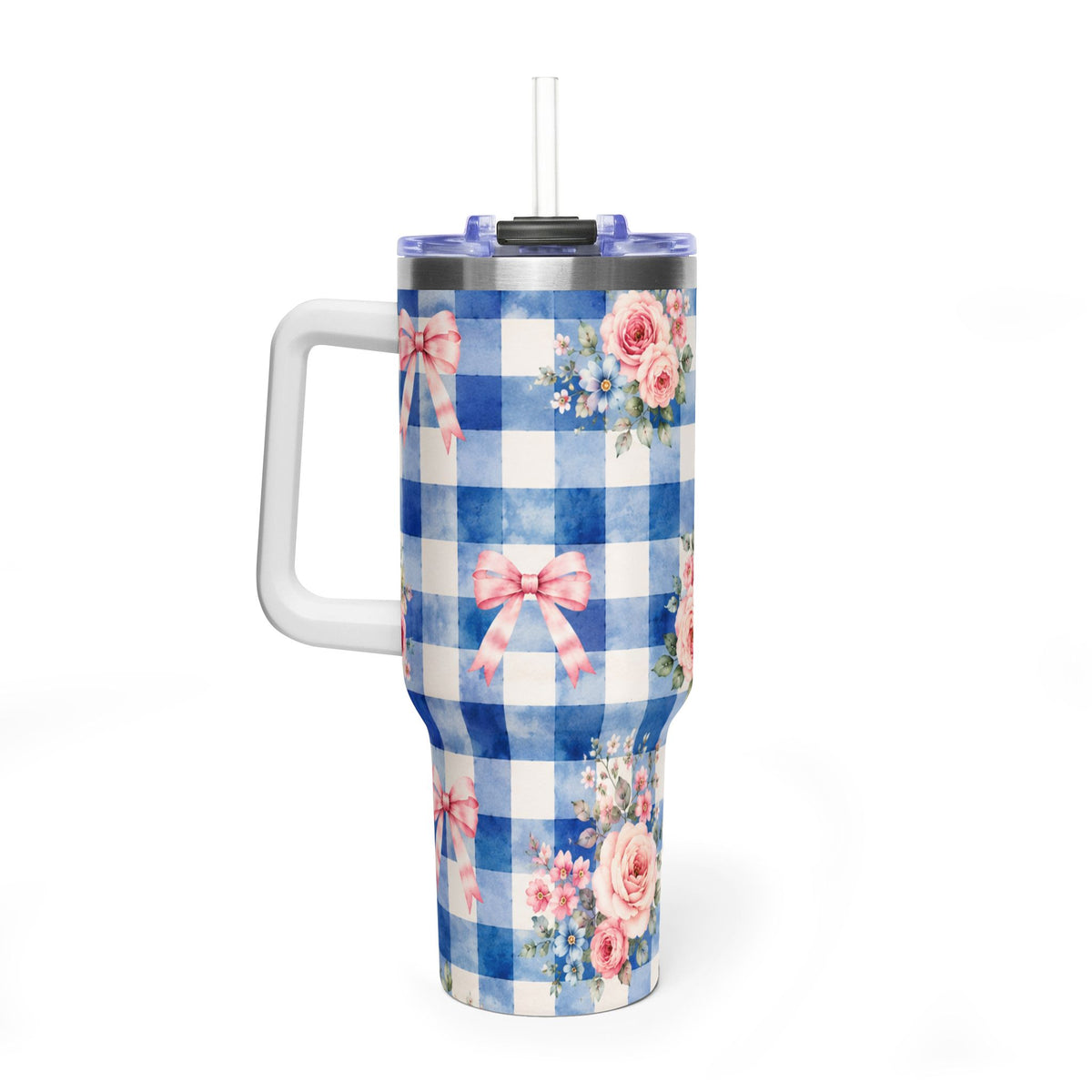 Blue Gingham Rose Tumbler – 40 oz Floral Travel Cup