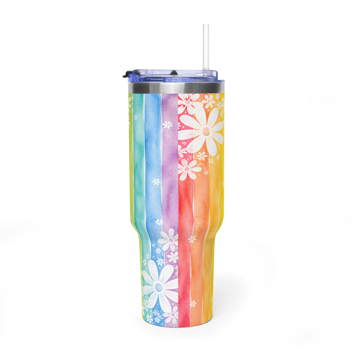 Rainbow Daisy Tumbler – 40 oz Watercolor Floral Travel Cup