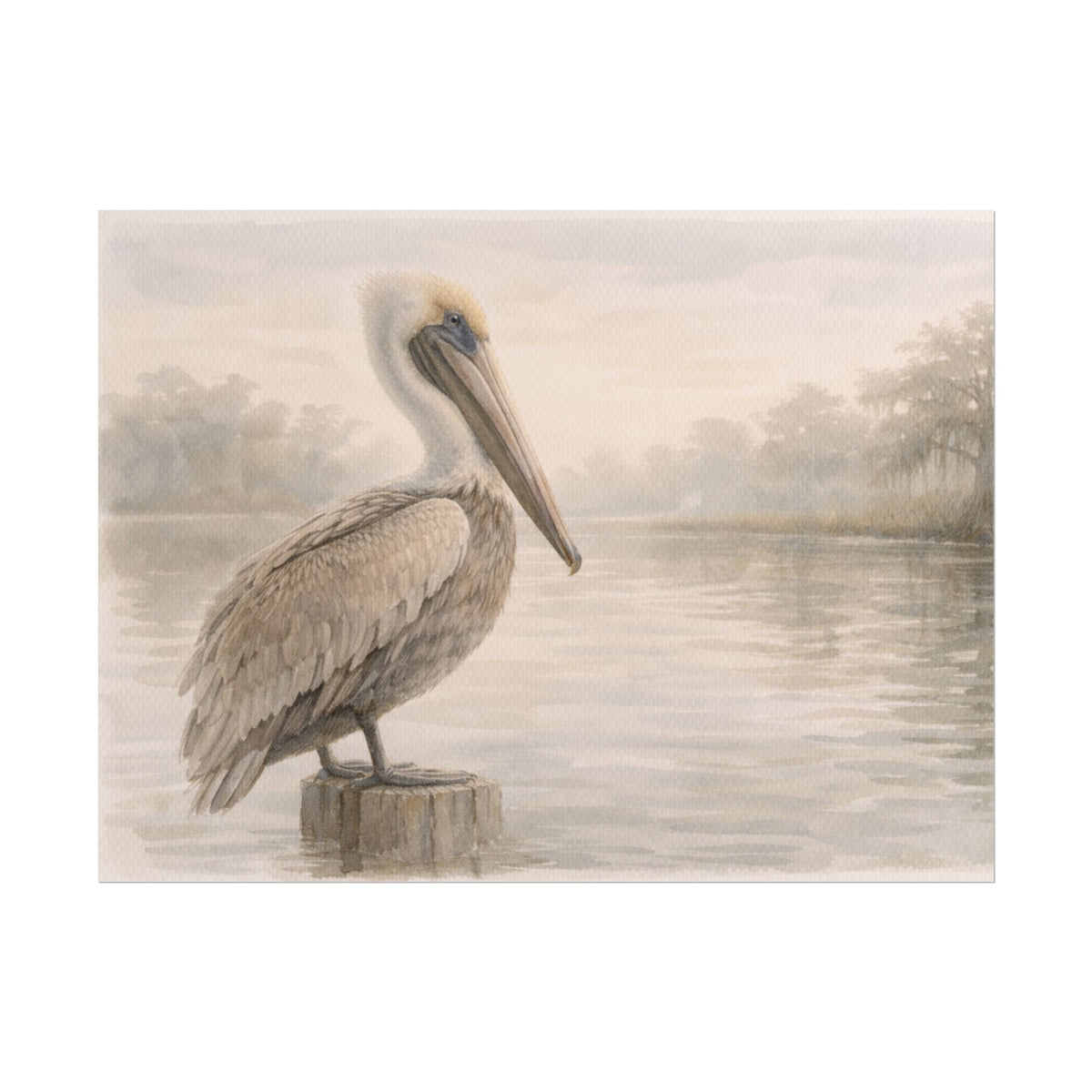 Pelican on Dock Watercolor Art Coastal Watercolor