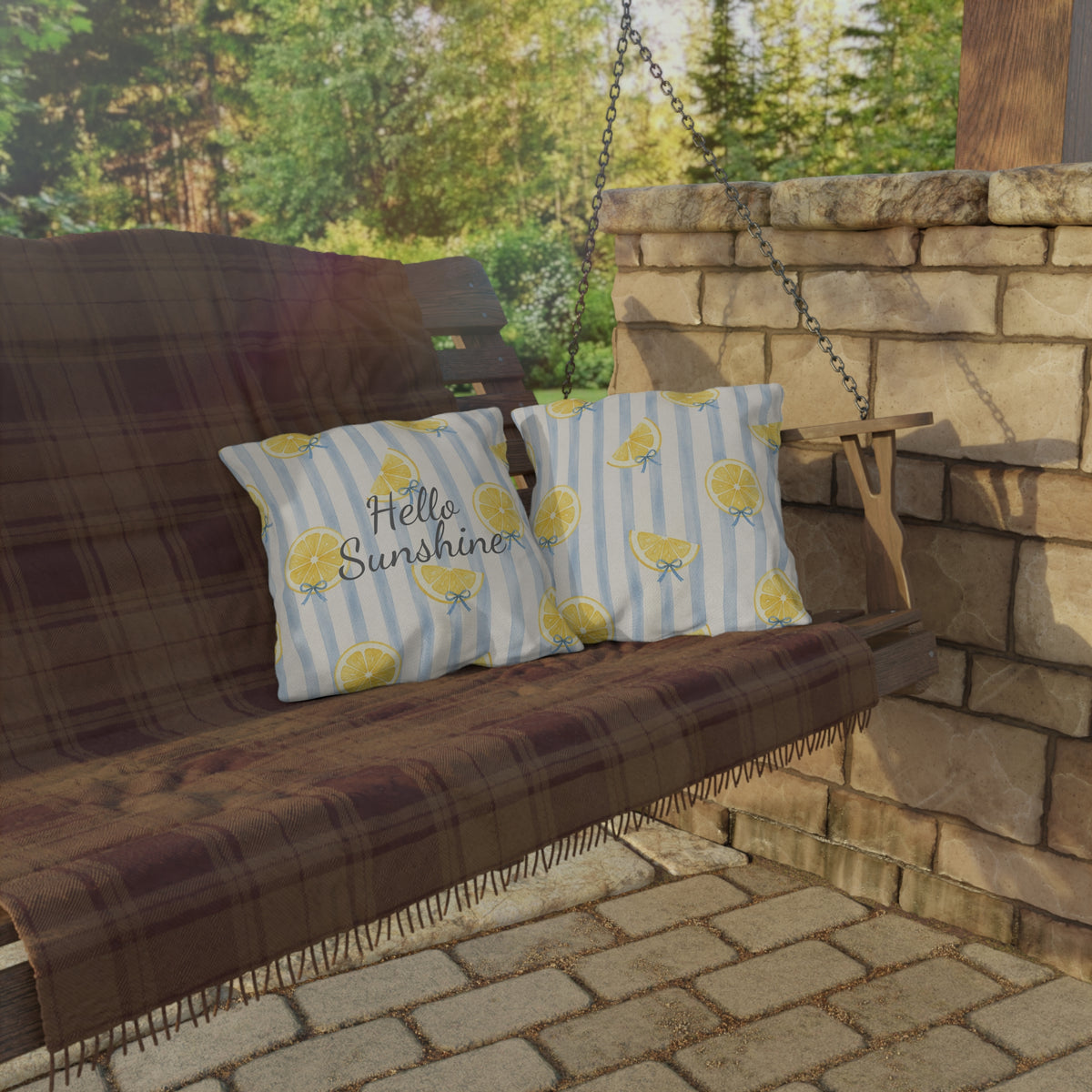 Hello Sunshine lemon pattern Outdoor Pillow | striped citrus throw cushion