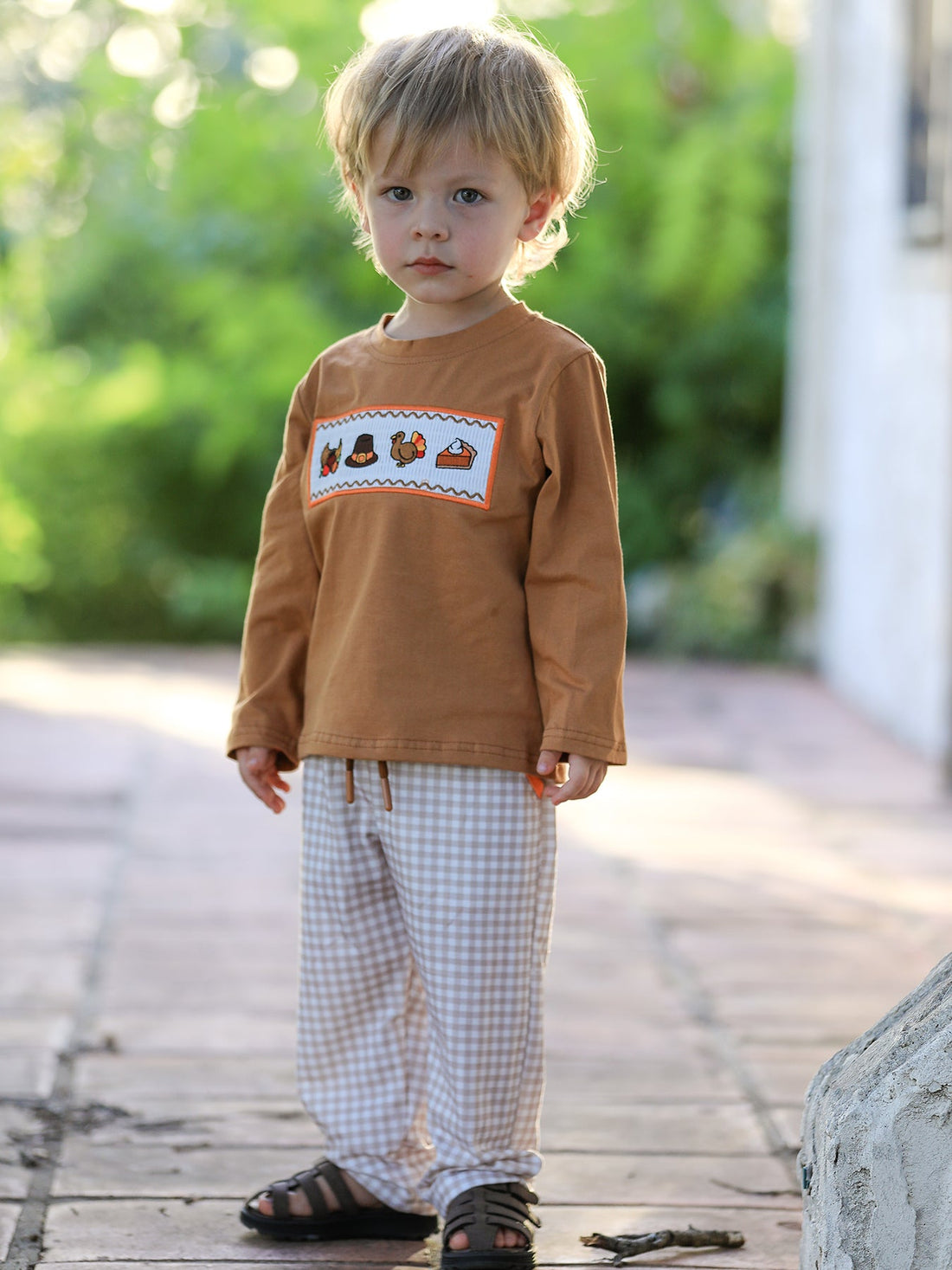 Boys Thanksgiving Embroidered Shirt &amp; Gingham Pants Set
