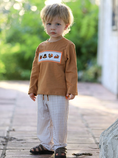 Boys Thanksgiving Embroidered Shirt &amp; Gingham Pants Set