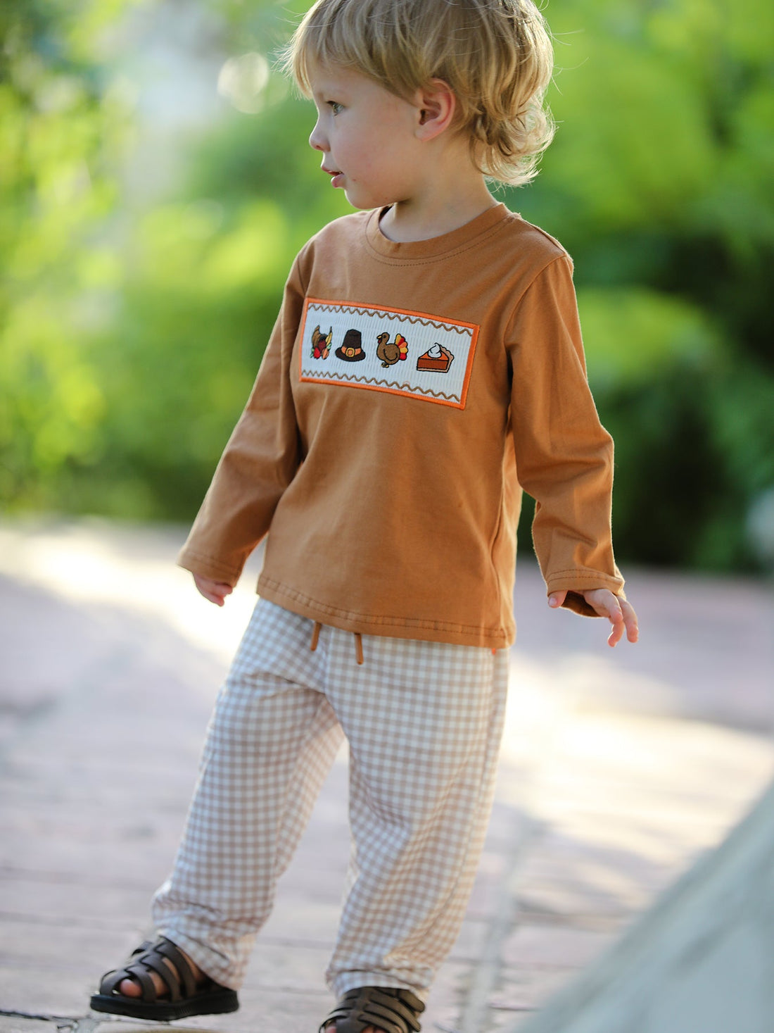 Boys Thanksgiving Embroidered Shirt &amp; Gingham Pants Set
